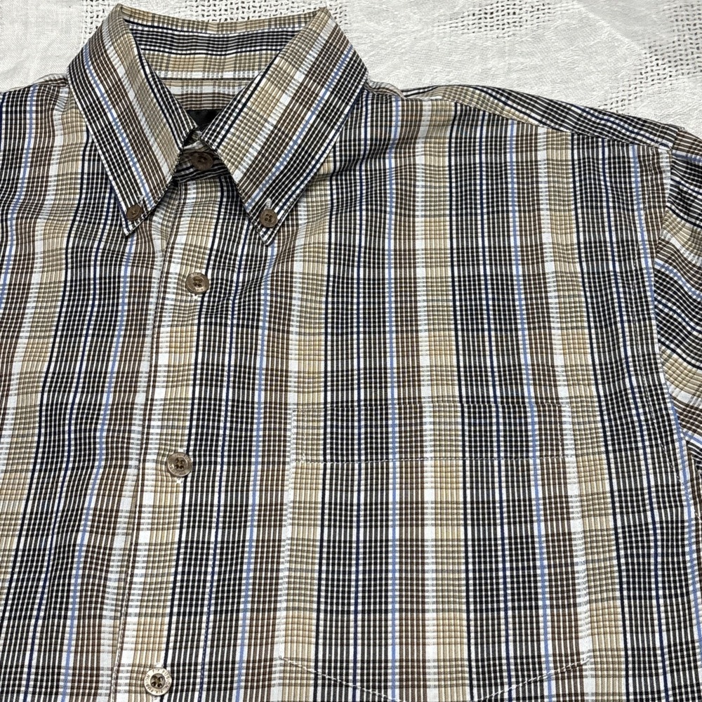 F/X Fusion Shirt Men's Size Medium Plaid‎ Design Blue Brown Tan White Preppy